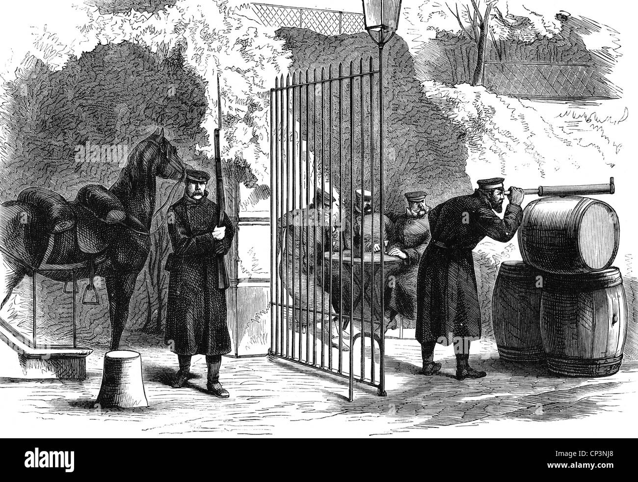 Eventi, guerra franco-prussiana 1870 - 1871, assedio di Parigi, 19.9.1870 - 28.1.1871, posto di osservazione prussiana a Saint Cloud, incisione contemporanea del legno, telescopio, militare, entrata, guardia, Prussia, Germania, Francia, Franco - prussiano, storico, storico, 19 ° secolo, persone, diritti aggiuntivi-clearences-non disponibili Foto Stock