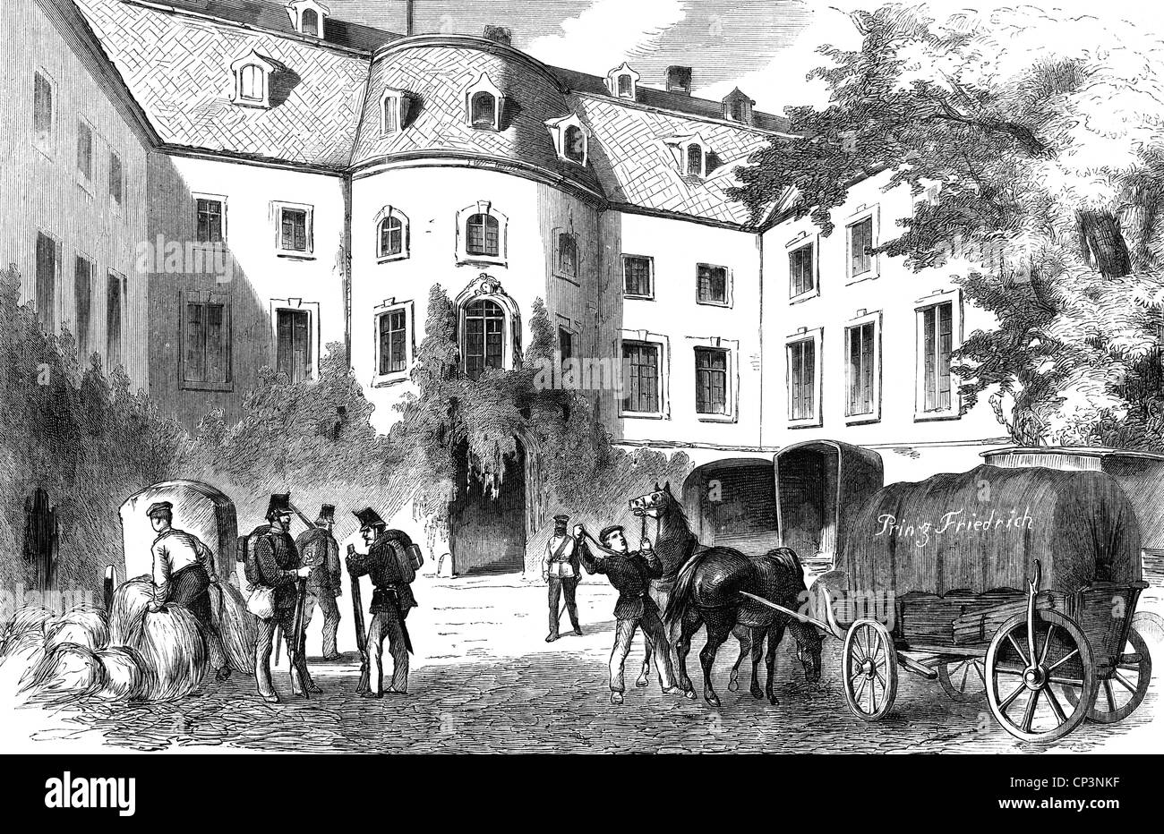 Eventi, guerra franco-prussiana 1870 - 1871, dietro le righe, sede del principe Federico Carlo di Prussia, Magonza, Osteiner Hof, 1870, incisione contemporanea del legno, seconda Armata tedesca, soldati, militari, Germania, Franco - prussiano, storico, storico, 19 ° secolo, persone, diritti aggiuntivi-clearences-non disponibili Foto Stock