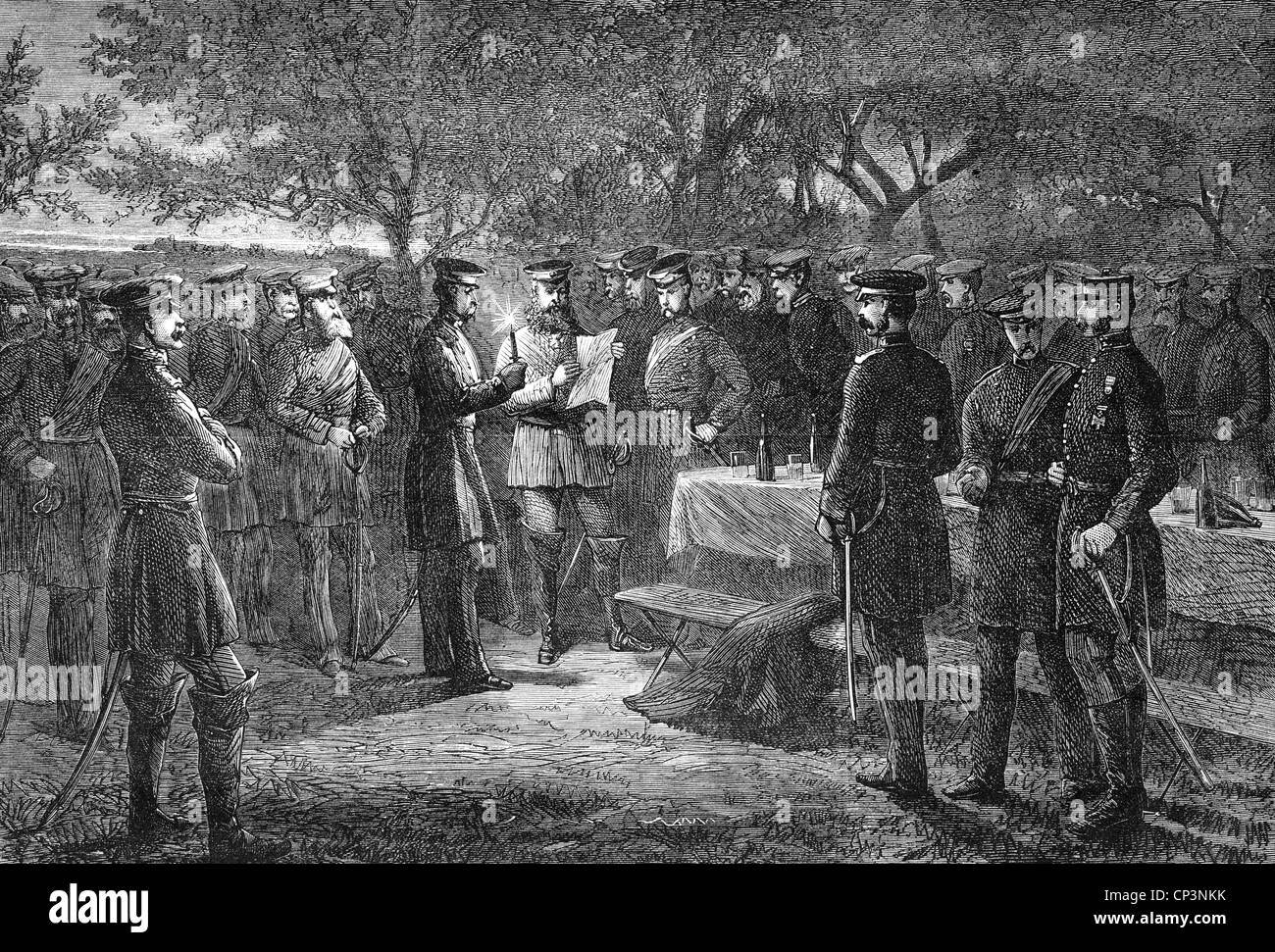 Eventi, guerra franco-prussiana 1870 - 1871, dietro le righe, sede del principe Federico Carlo di Prussia, arrivo di un invio da telegrafo campo, 1870, incisione contemporanea del legno, seconda Armata tedesca, segnali, soldati, militari, Germania, Francia, Franco - prussiano, storico, storico, 19 ° secolo, persone, diritti aggiuntivi-clearences-non disponibili Foto Stock