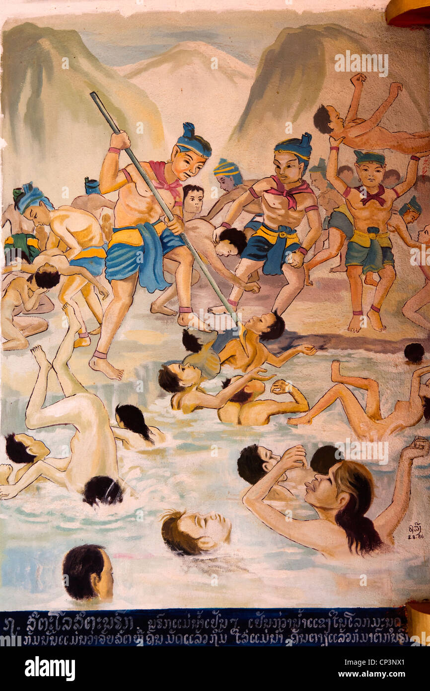Un pannello verniciato in Pa Phon Phao tempio (Luang Prabang). Panneau peint dans le temple Pa Phon Phao, à Luang Prabang (Laos). Foto Stock