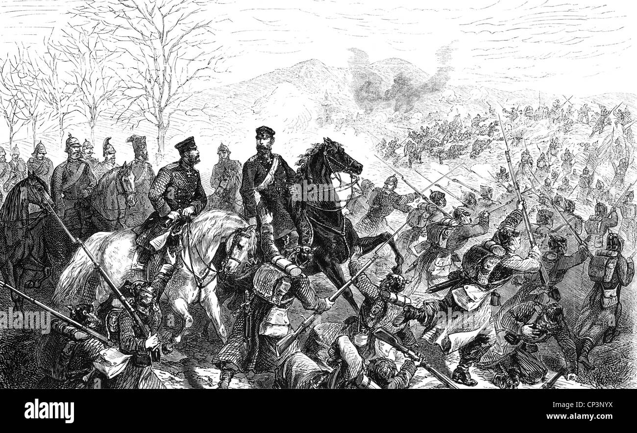 Eventi, guerra franco-prussiana 1870 - 1871, Battaglia di le Mans, 10. - 12.1.1871, Principe Federico Carlo di Prussia in combattimento, incisione del legno, XIX secolo, seconda Armata tedesca, Hohenzollern, personale generale, soldati, fanteria, Germania, Francia, Franco - prussiano, storico, storico, persone, diritti aggiuntivi-clearences-non disponibile Foto Stock
