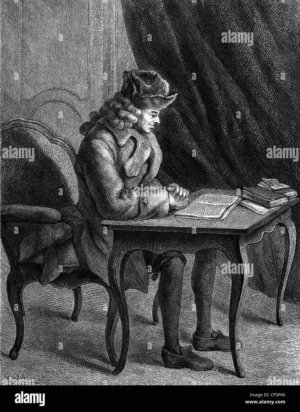 Voltaire (Francois Arouet), 21.11.1694 - 30.5.1778, filosofo francese, a tutta lunghezza, come ospite della corte di Federico il Grande, incisione in legno di Adolf Neumann, 19th secolo, Foto Stock