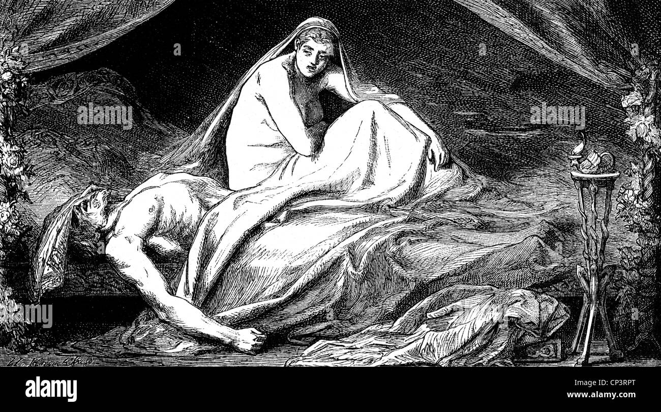 Attila, Righello dell'Impero Unnico 434 - 453, scena, la sua morte nella notte di nozze con Ildico, incisione in legno, 19th secolo, Foto Stock