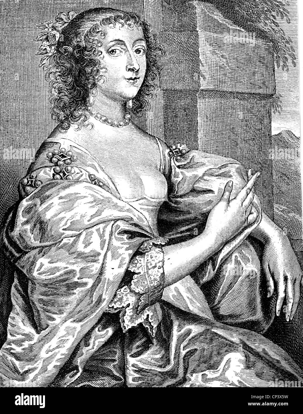 Il fieno, Lucia, contessa di Carlisle, 1599 - 5.11.1660, corte inglese lady, a mezza lunghezza e incisione su rame, circa 1710, dopo la verniciatura da Antonis Van Dyke, secolo XVII, artista del diritto d'autore non deve essere cancellata Foto Stock