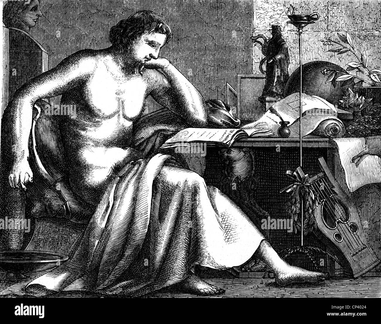 Aristotele, 384 - 322 a.C., filosofo greco, giovane, mentre studia, incisione in legno, 19th secolo, Foto Stock