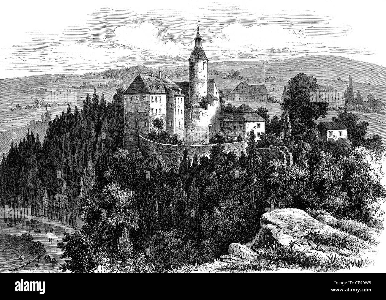 Architettura, castelli, Polonia, Castello Czocha, costruito 1241 - 1247, vista esterna, incisione in legno, dopo disegno di A. Blaschnik, pubblicato nel 1884, Medioevo, medievale, medievale, Slesia, alta Lusazia, monte, montagna, foresta, foreste, Europa, 13 ° secolo, storico, storico, legno, legno, diritti aggiuntivi-clearences-non disponibili Foto Stock