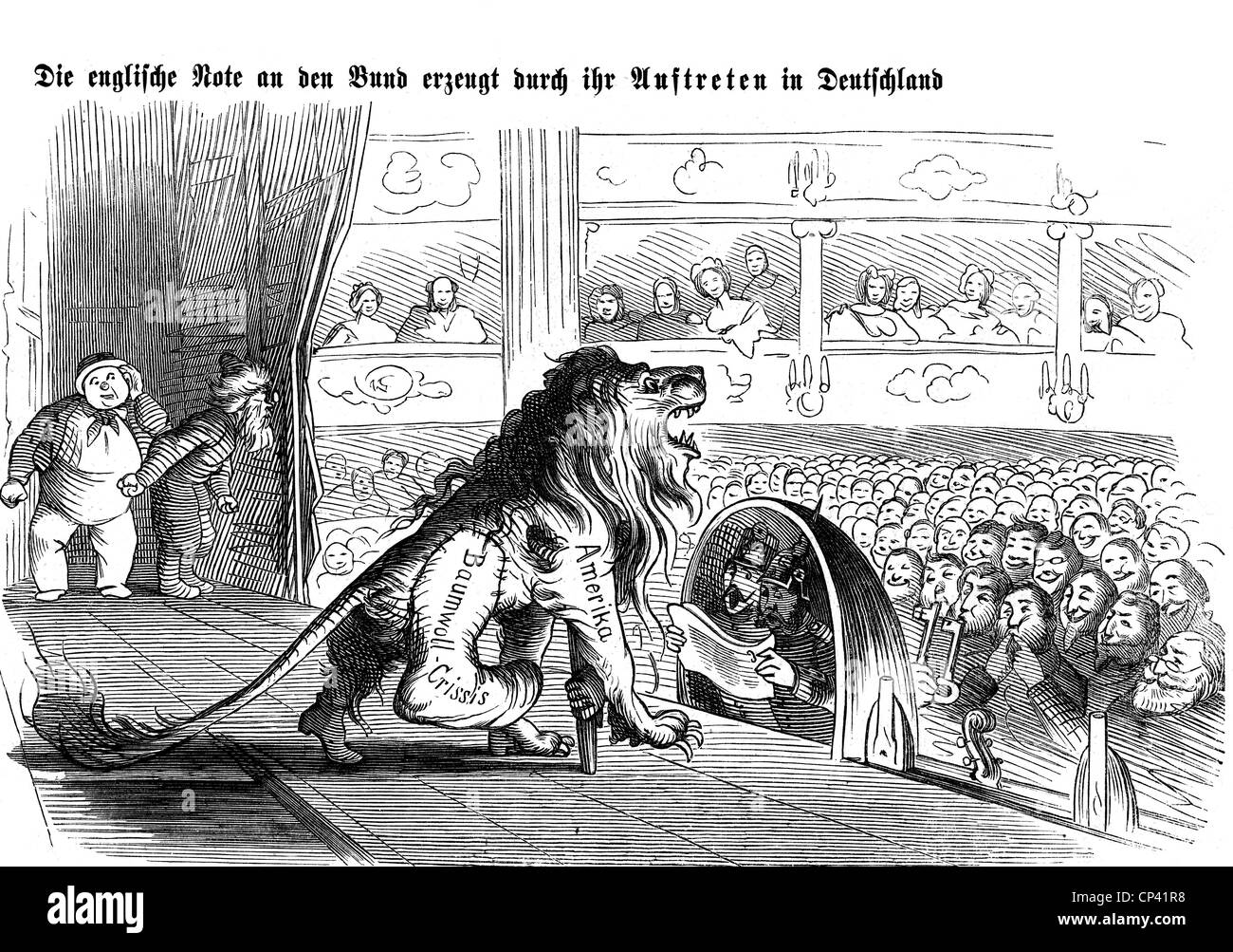 Eventi, seconda guerra dello Schleswig 1864, caricatura, la nota inglese della Confederazione tedesca, incisione del legno, 'Heimgarten', n° 3, 1864, editore F. Pustet, Monaco, diritti aggiuntivi-clearences-non disponibili Foto Stock