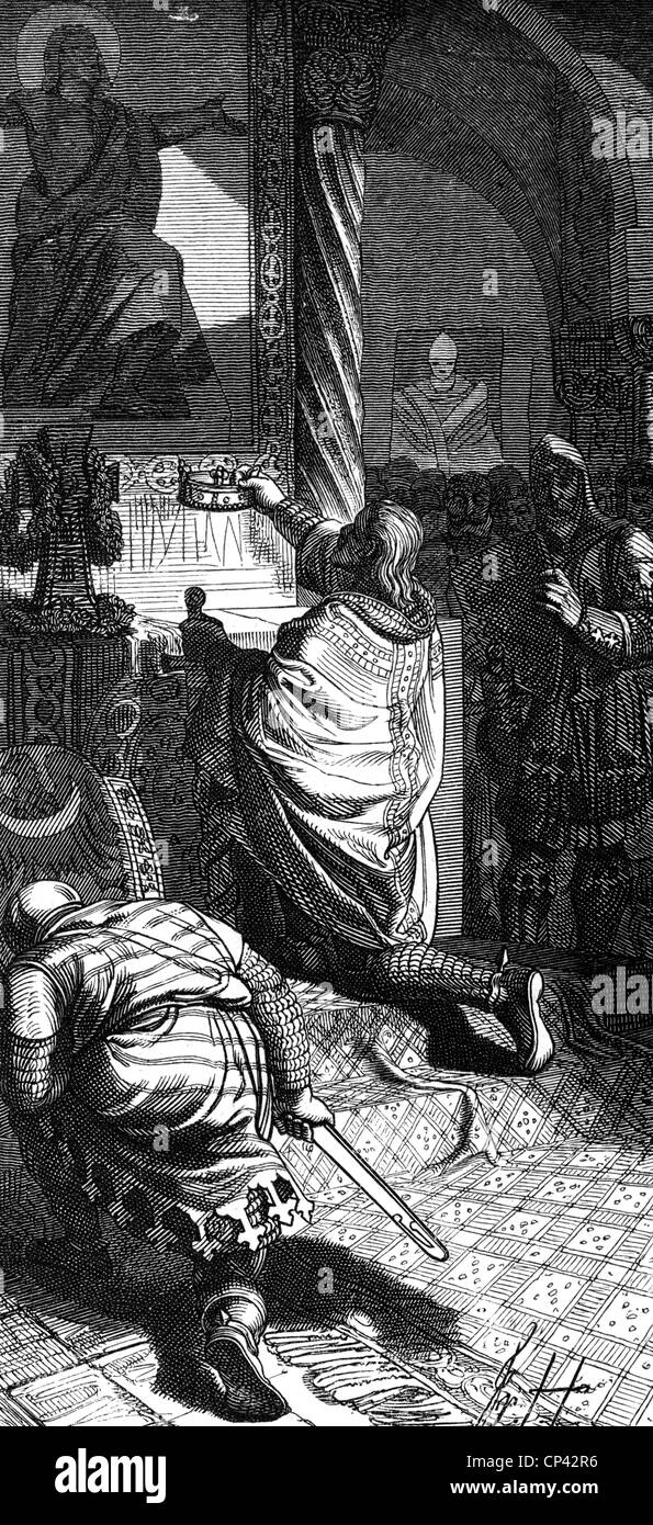 Federico II, 26.12.1194 - 13 12.1250, Sacro Romano Imperatore 1220 - 1250, scena, Federico che si incoronava re di Gerusalemme, 18.3.1229, incisione in legno, 19th secolo, Foto Stock