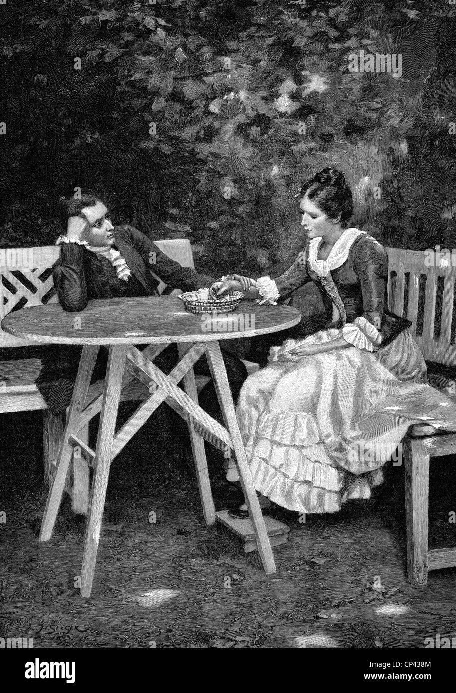 Goethe, Johann Wolfgang von, 28.8.1749 - 22.3.1832, poeta tedesco, a metà lunghezza, con il suo amante, Friederike Brion, a Sessenheim, incisione del legno dopo la pittura di H. Seeger, Foto Stock