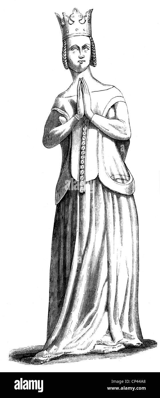 Joanna di Borbone, 3.2.1338 - 6.2.1378, consorte Regina di Francia 1364 - 1378, a lunghezza intera, incisione in legno, 19th secolo, dopo una statua, Foto Stock
