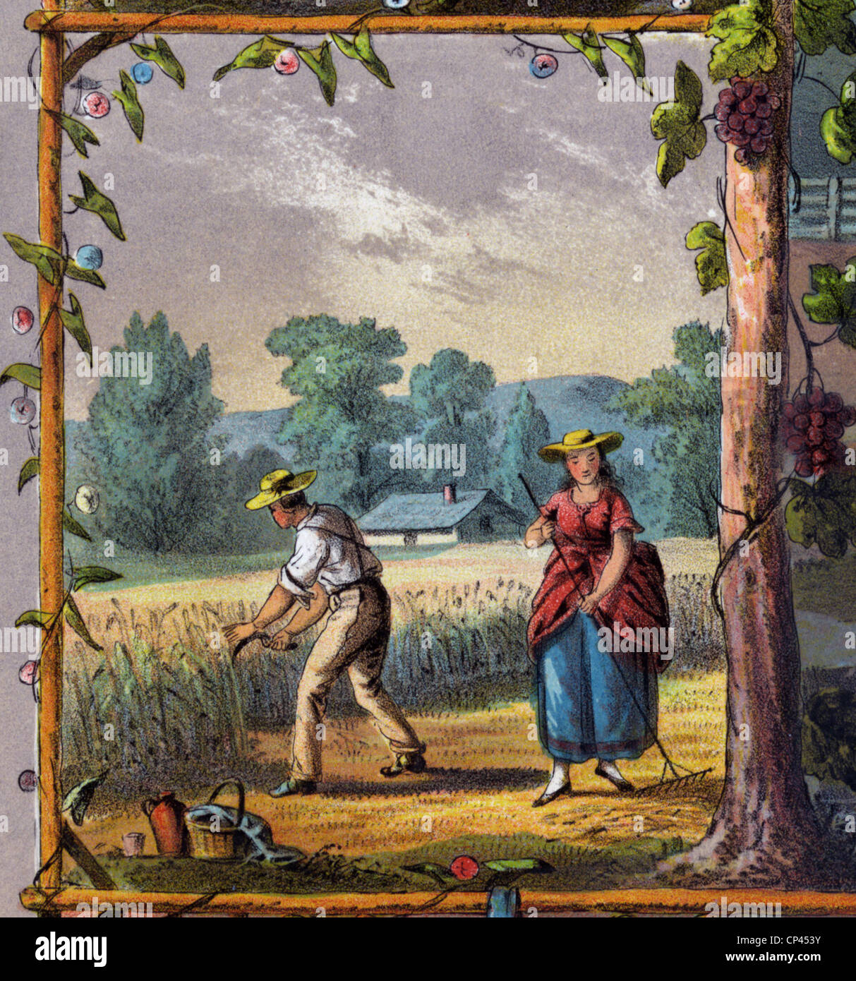 Una giovane azienda giovane mietono raccolti. 1873 Foto Stock