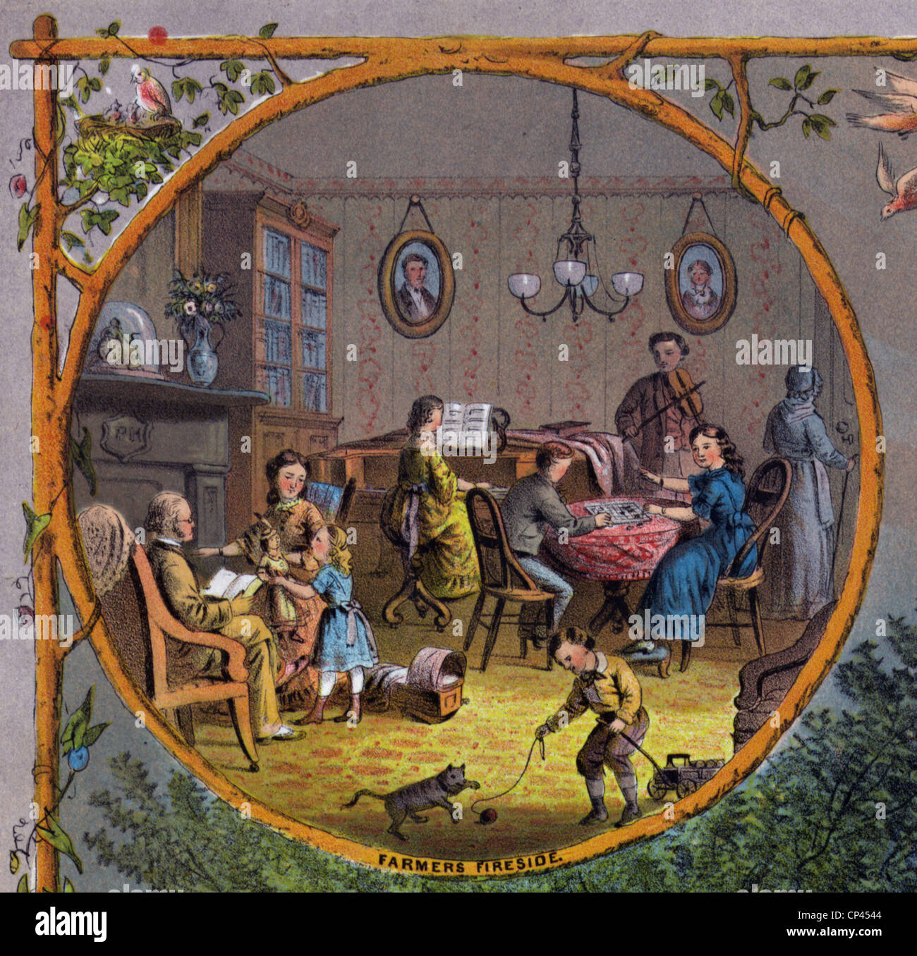 Una famiglia a casa. Una famiglia si intrattiene in salotto. 1873 Foto Stock