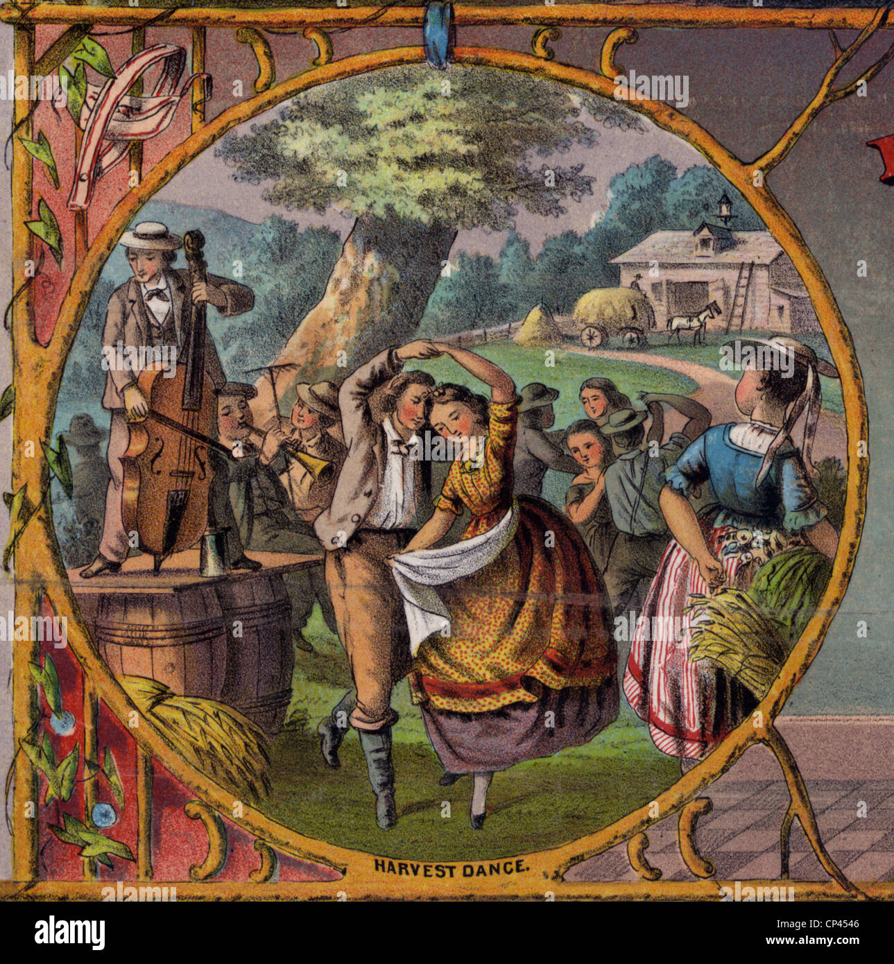 Harvest dance. Un ruyral comunità celebra il raccolto annuale con una danza all'aperto. 1873 Foto Stock