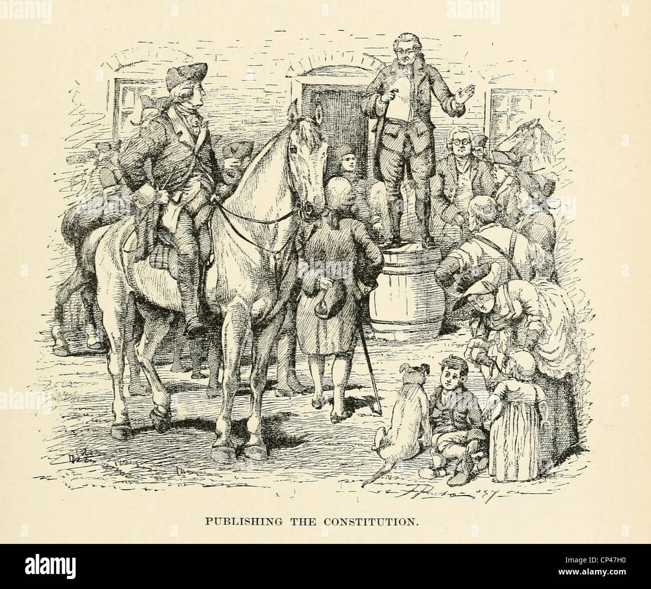 Lettura pubblica della costituzione nel 1787. Illustrazione della "pubblicazione" della proposta di costituzione degli Stati Uniti attraverso una lettura pubblica Foto Stock