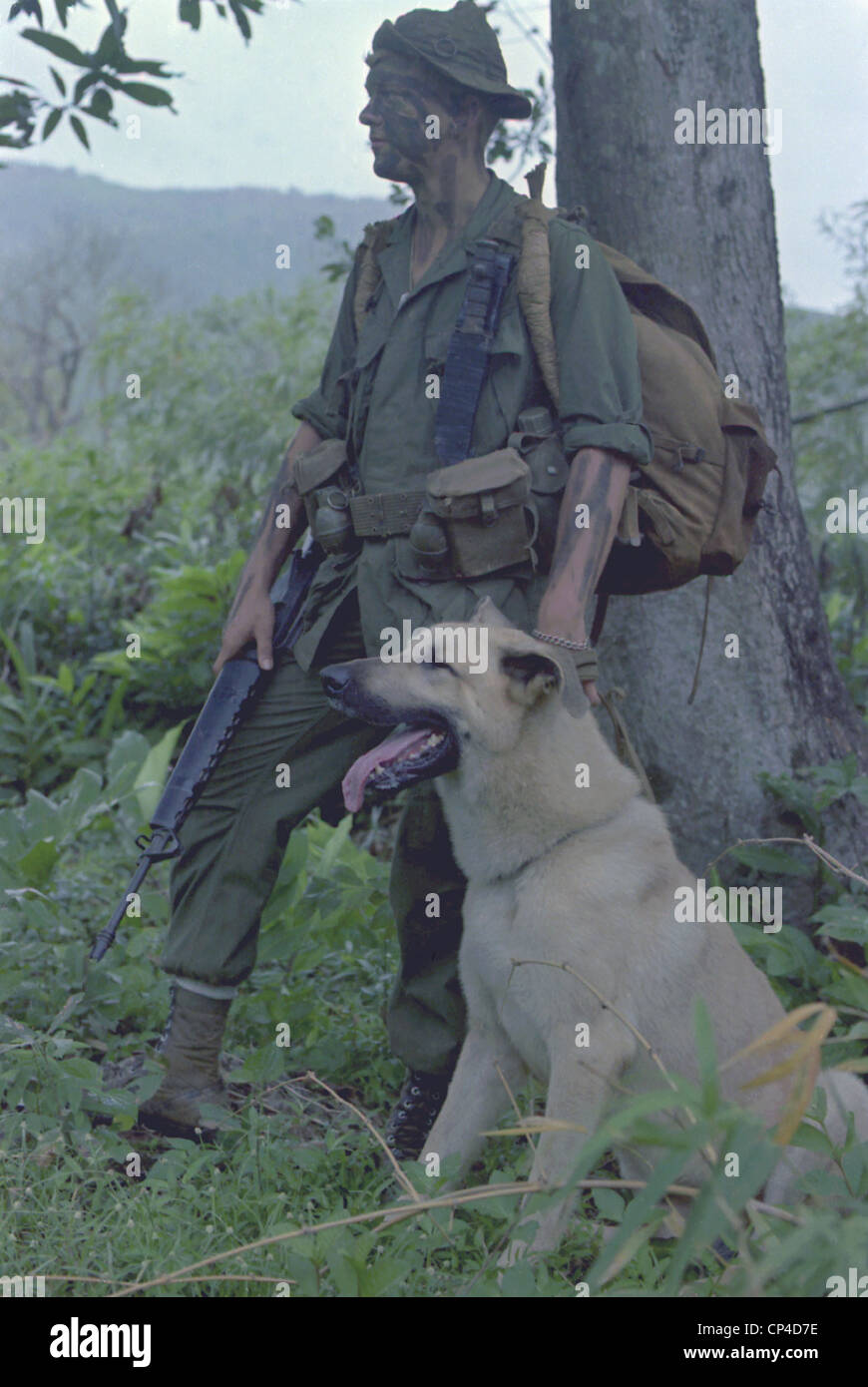 Guerra del Vietnam. Mimetizzati marine statunitense e il suo cane scout denominato 'primari' in Vietnam. Nov. 1967. Foto Stock