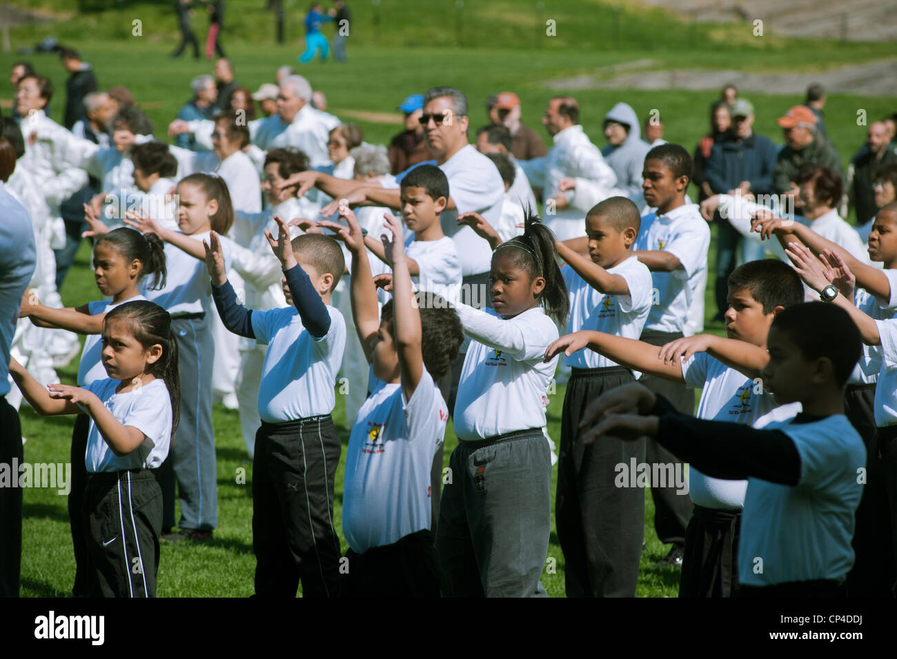 I partecipanti eseguono le loro Tai Chi esercita durante il mondo Tai Chi evento della durata di un giorno nel parco centrale di Prato Est in New York Foto Stock