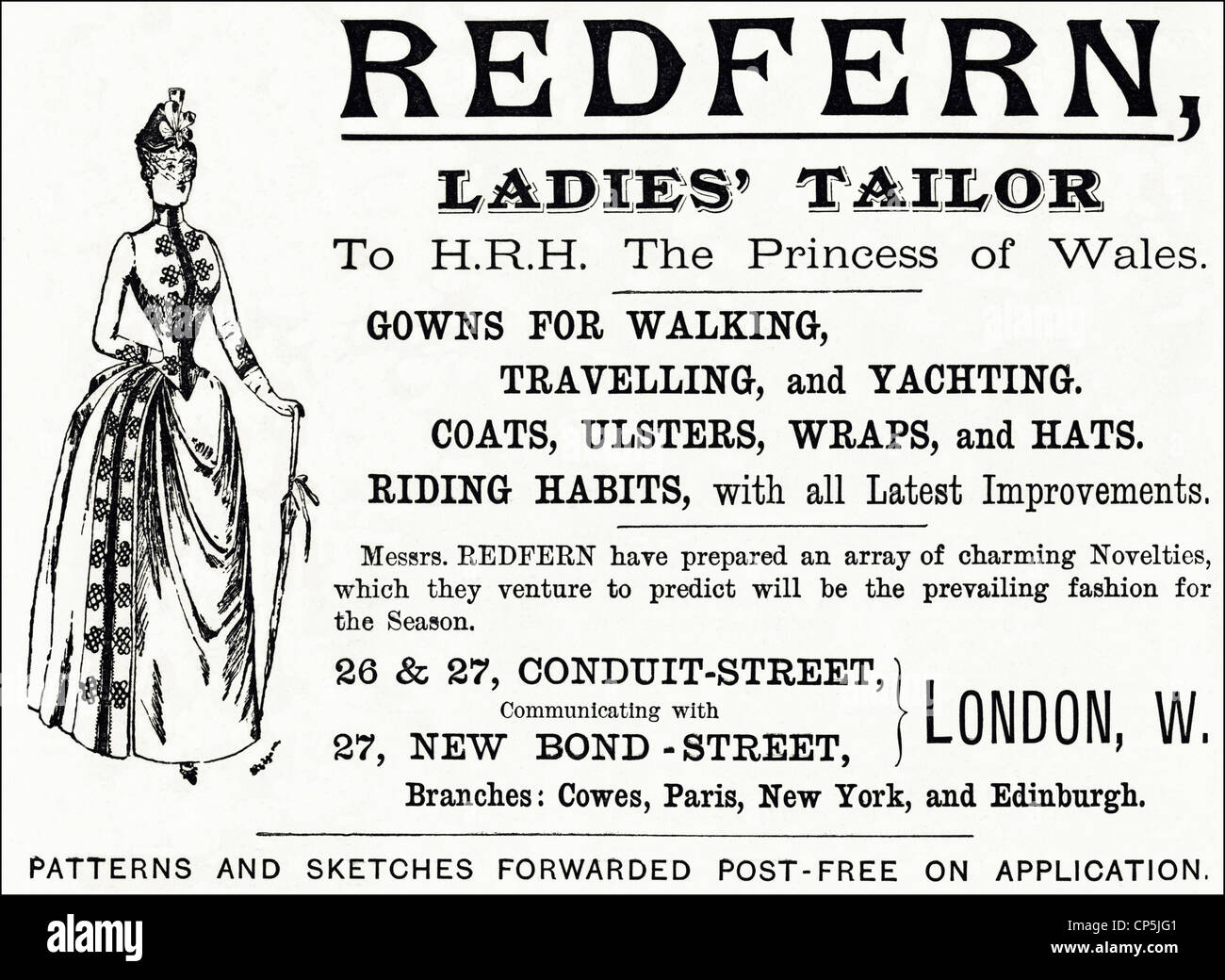 Vittoriana originale pubblicità pubblicità moda da signori sarto REDFERN dalla nomina a S.A.R. la Principessa di Galles. In data 13 giugno 1887. Foto Stock