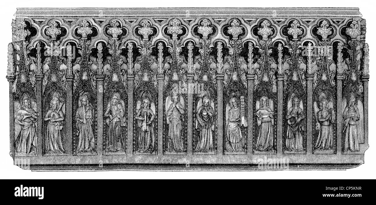 Cantoria, menestrello's Galleria, a bassorilievo in pietra, dodici angeli suonano strumenti musicali, 1340, la Cattedrale di San Pietro, Exeter, Regno Unito Foto Stock