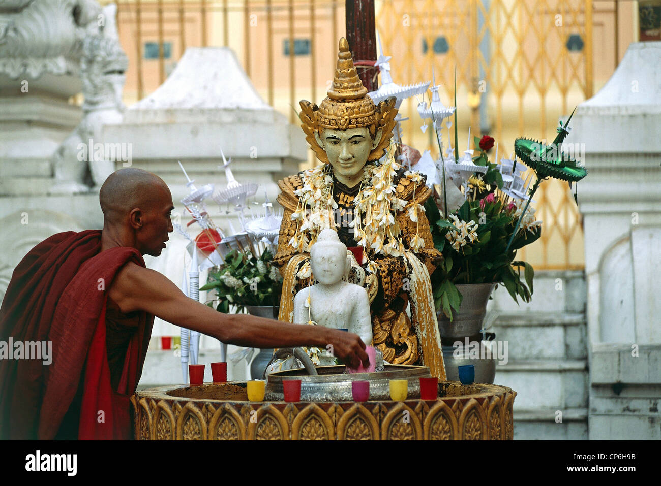 Myanmar (Birmania) - Yangon (Rangoon), Shwedagon pagoda. Monaco buddista Foto Stock