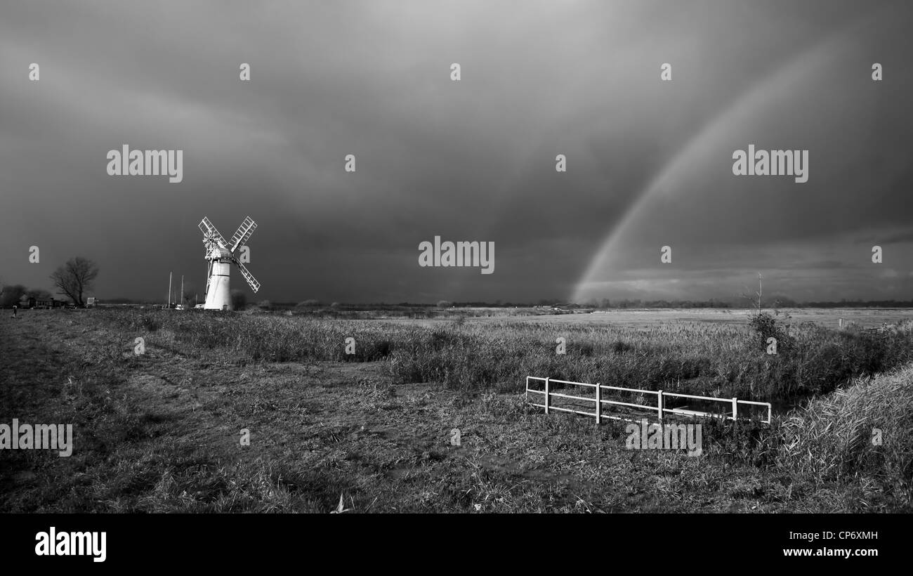 Rainbow su Thurne paludi, Broadland, Norfolk (immagine monocromatica) Foto Stock
