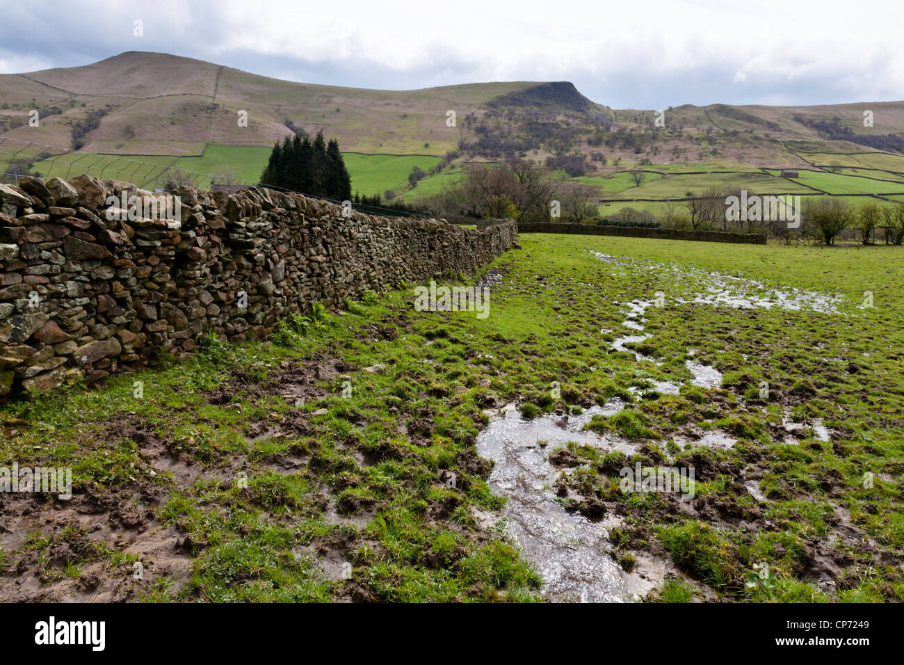 Campi fangosi su bagnato terreni agricoli. Un acqua campo registrati su terreno coltivato dopo giorni di pioggia, Nether Booth, Derbyshire, Peak District, England, Regno Unito Foto Stock