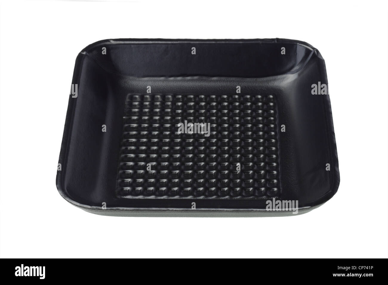 Nero monouso Styrofoam vassoio per alimenti su sfondo bianco Foto Stock