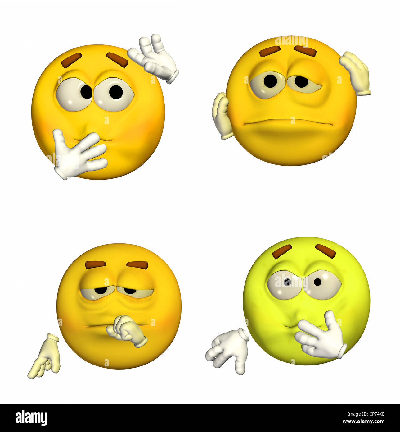 Illustrazione di un pacco di quattro (4) / Emoticon Smileys con diverse pose ed espressioni isolate su uno sfondo bianco -3D9 Foto Stock