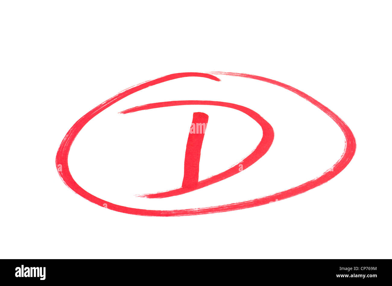 Un grado di manoscritti D per non male successi in inchiostro rosso. Isolato su bianco. Foto Stock