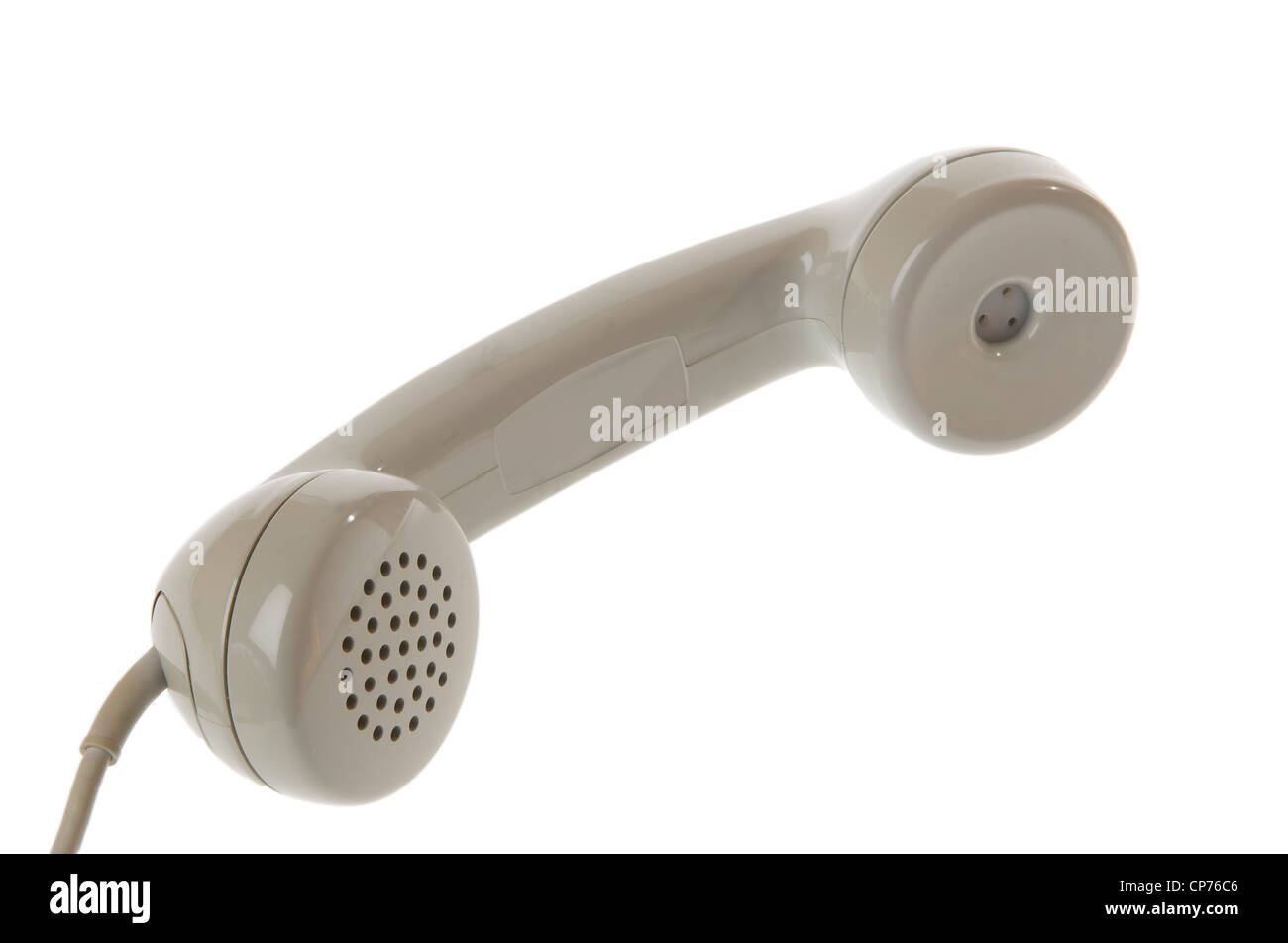 Vecchio vintage grigio cornetta telefonica isolata su sfondo bianco Foto Stock