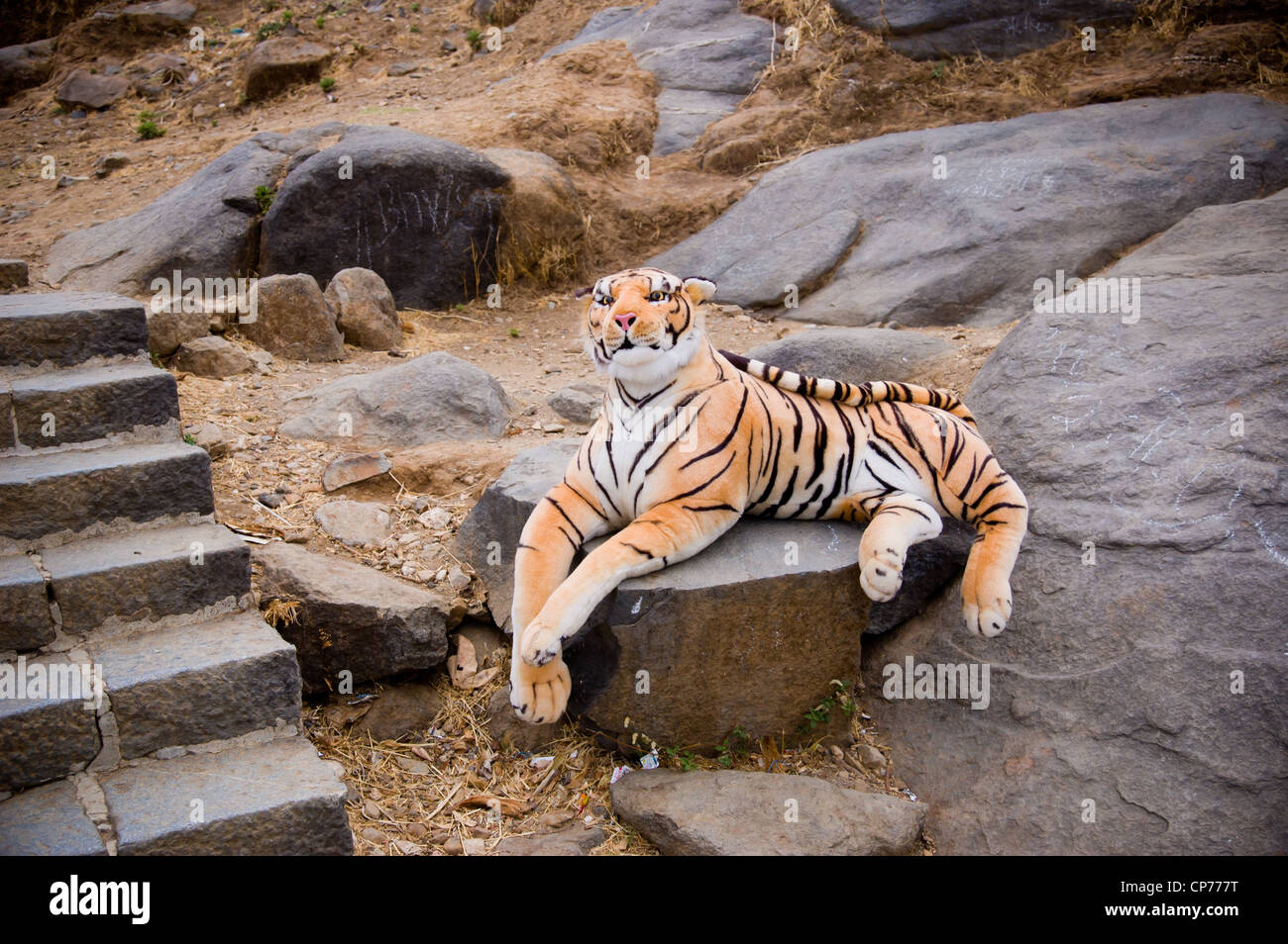 Un peluche tigre, lungo il percorso fino Girnar Hill, un luogo di pellegrinaggio per entrambi i giainisti e indù. Junagadh, Gujarat, India. Foto Stock