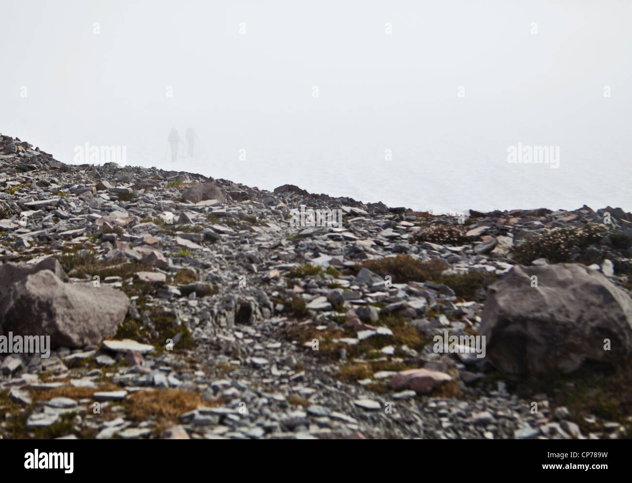 Due profili spettrali di viaggiatori con lo zaino in spalla su un campo di neve al di sopra di un cerotto di Ghiaioni rocciosi, il Parco Nazionale del Monte Rainier, Washington, Stati Uniti d'America. Foto Stock