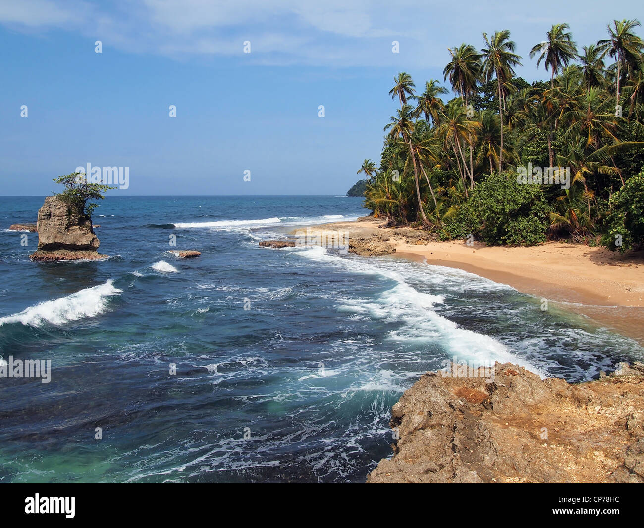 Selvaggia spiaggia tropicale con vegetazione lussureggiante e isolotto roccioso, Costa Rica, Manzanillo, America Centrale Foto Stock