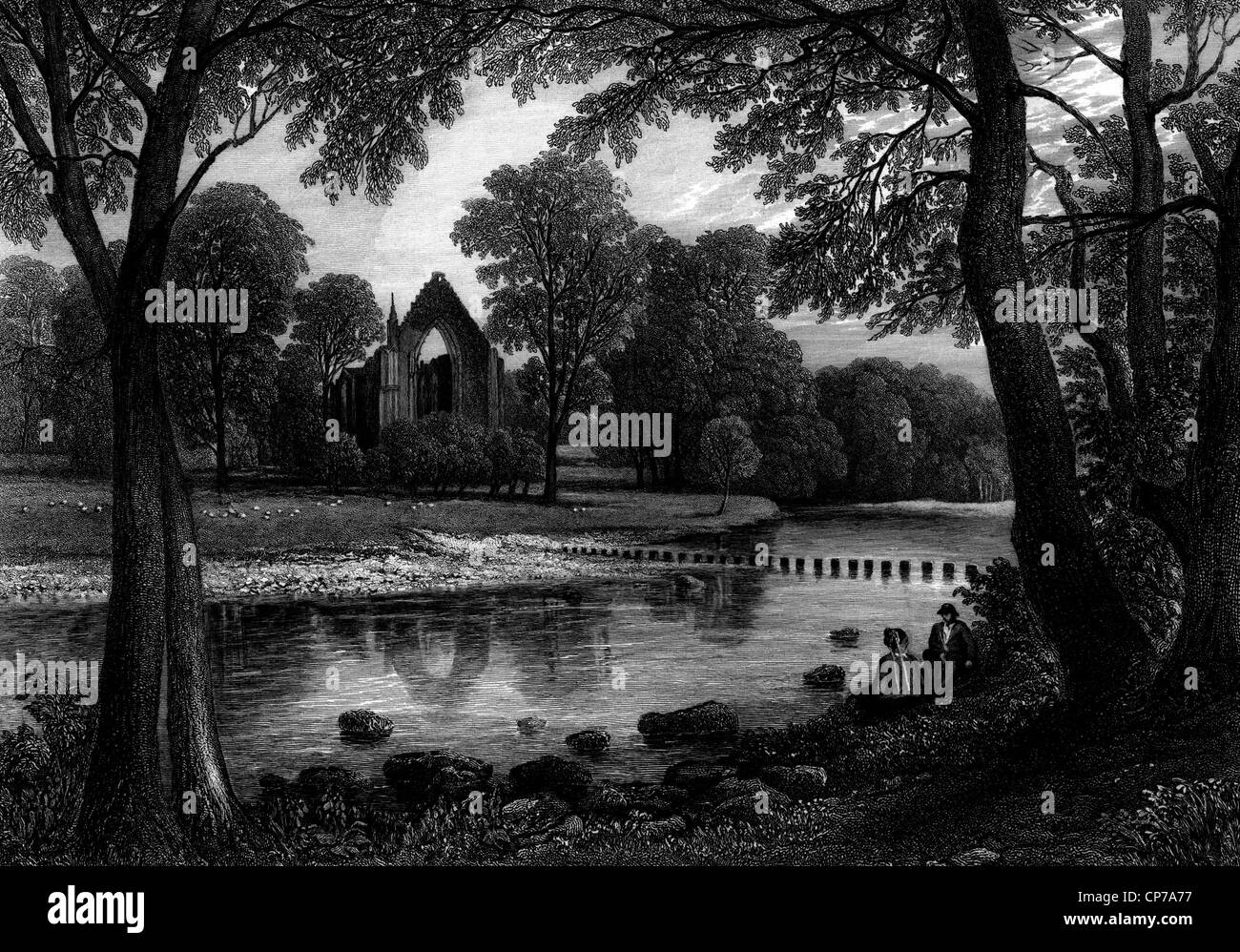 Rovine di Bolton Priory o Abbazia con il fiume Wharfe in primo piano, North Yorkshire, Enland, inciso da William Miller, pubblicato Foto Stock