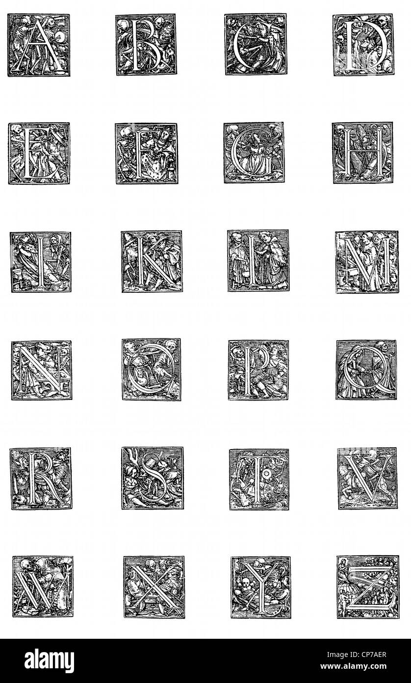 Incisione di danza di morte alfabeto dell'artista tedesco Hans Holbein il Giovane. Pubblicato da A.F. Butsch nel libro 'Die Bücher-Orn Foto Stock