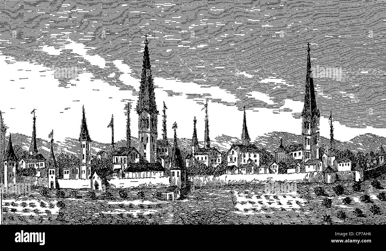 Vista di Dortmund pubblicato nel sedicesimo secolo da una incisione su rame in P. Bertius il libro,'Theatrum Geographicum'. Foto Stock