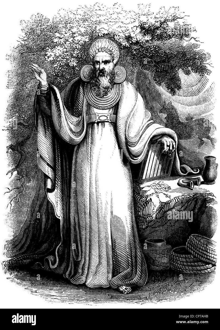 Età del ferro Celtic arch druid in foresta, in bianco e nero incisione. Foto Stock