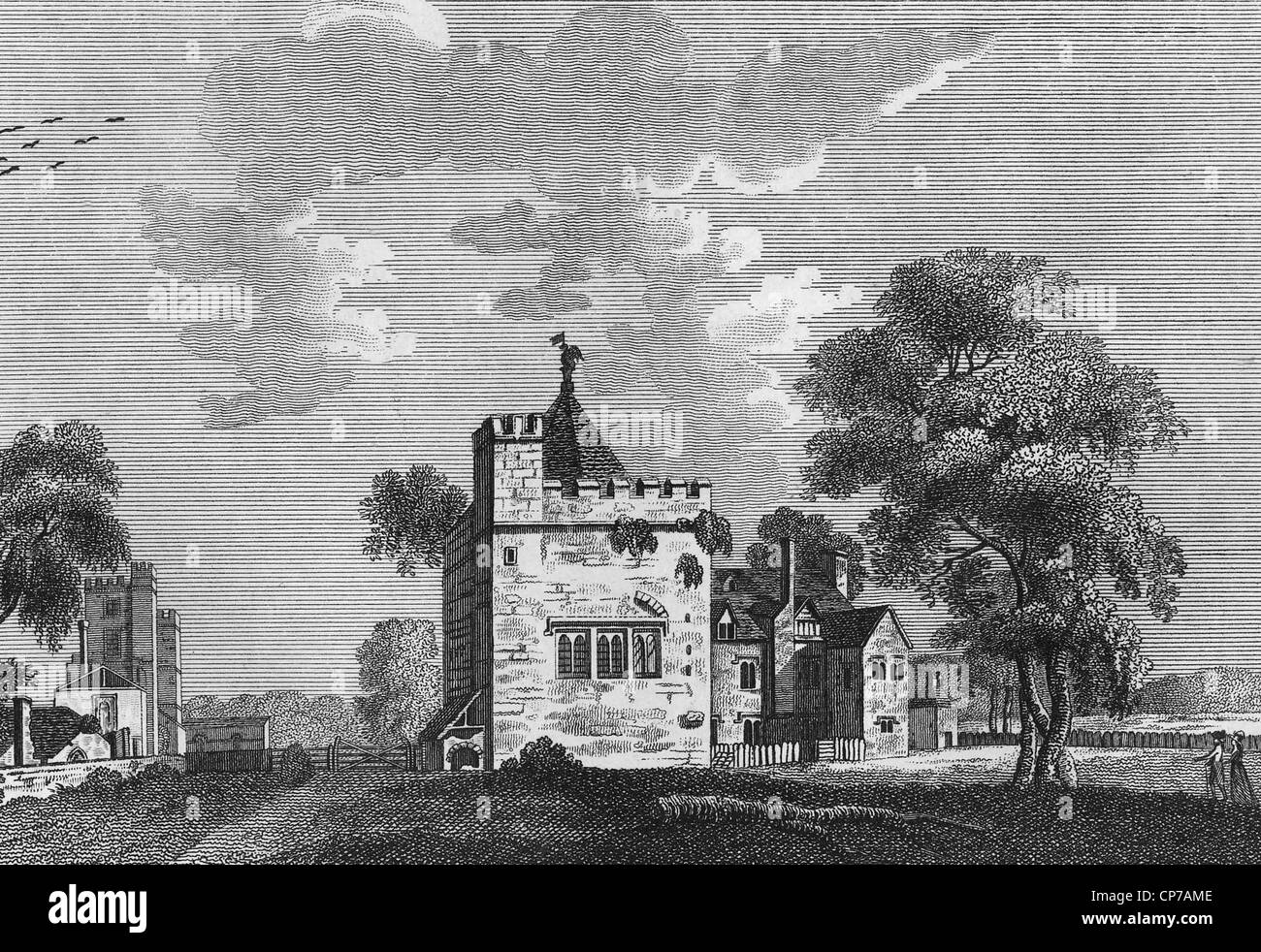Incisione di vecchia cucina fortificato Manor House a Stanton Harcourt, nella contea di Oxford, Inghilterra. Foto Stock