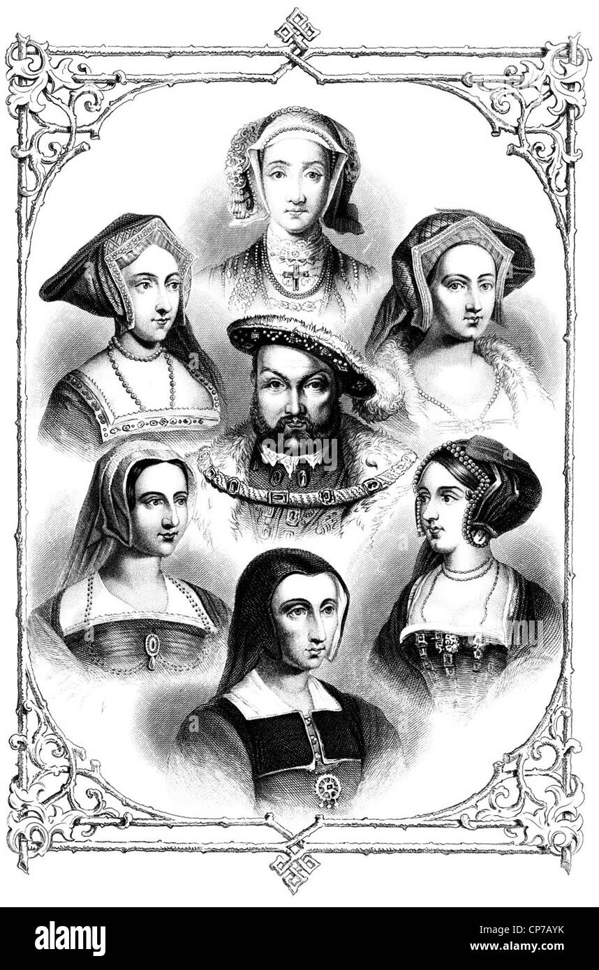Il re Enrico VIII e sei mogli nel vecchio telaio. Foto Stock