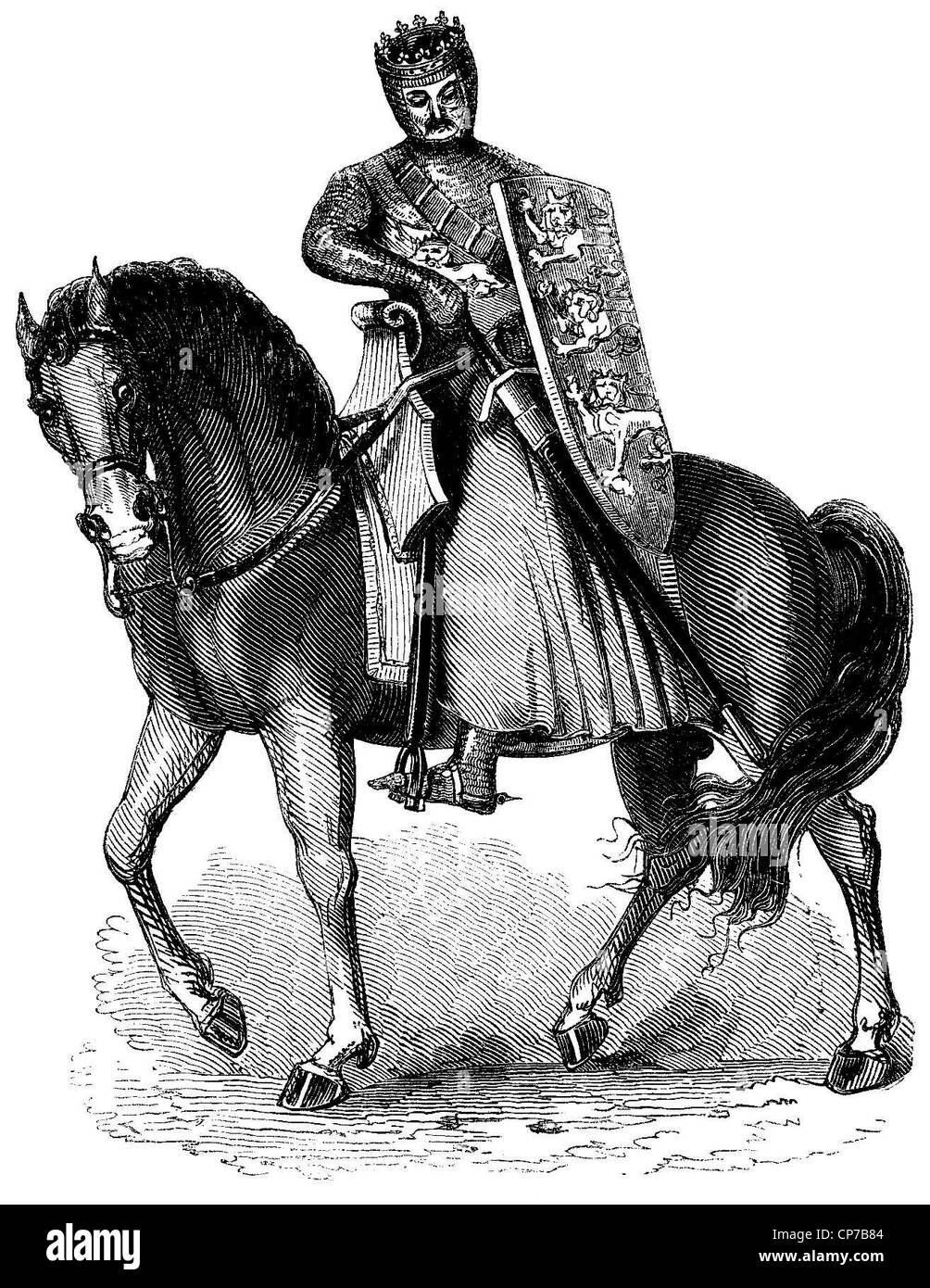 Incisione di re Edoardo I di Inghilterra montato su cavallo con mail a catena armor. Foto Stock