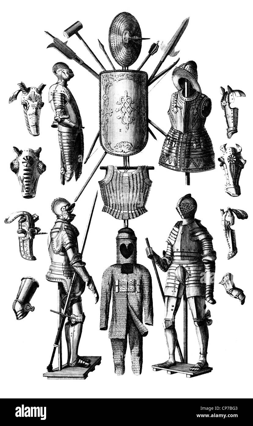 Illustrazione di abiti medievali di cavallo e uomo armor con armi, isolati su sfondo bianco. Foto Stock