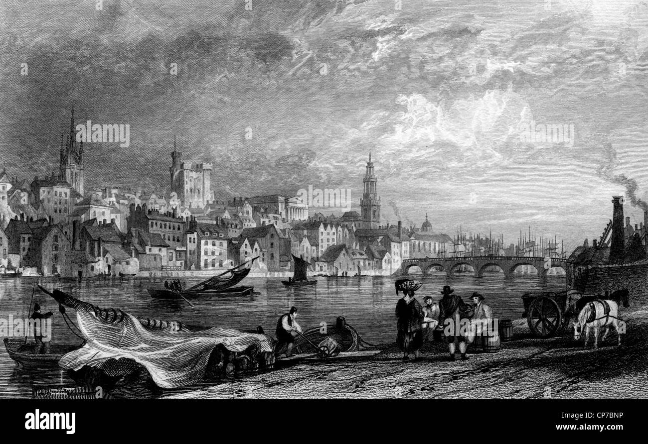 Newcastle-Upon-Tyne city visto dal nuovo Chatham, Gateshead, Inghilterra. Incisi da William Miller nel 1832. Foto Stock