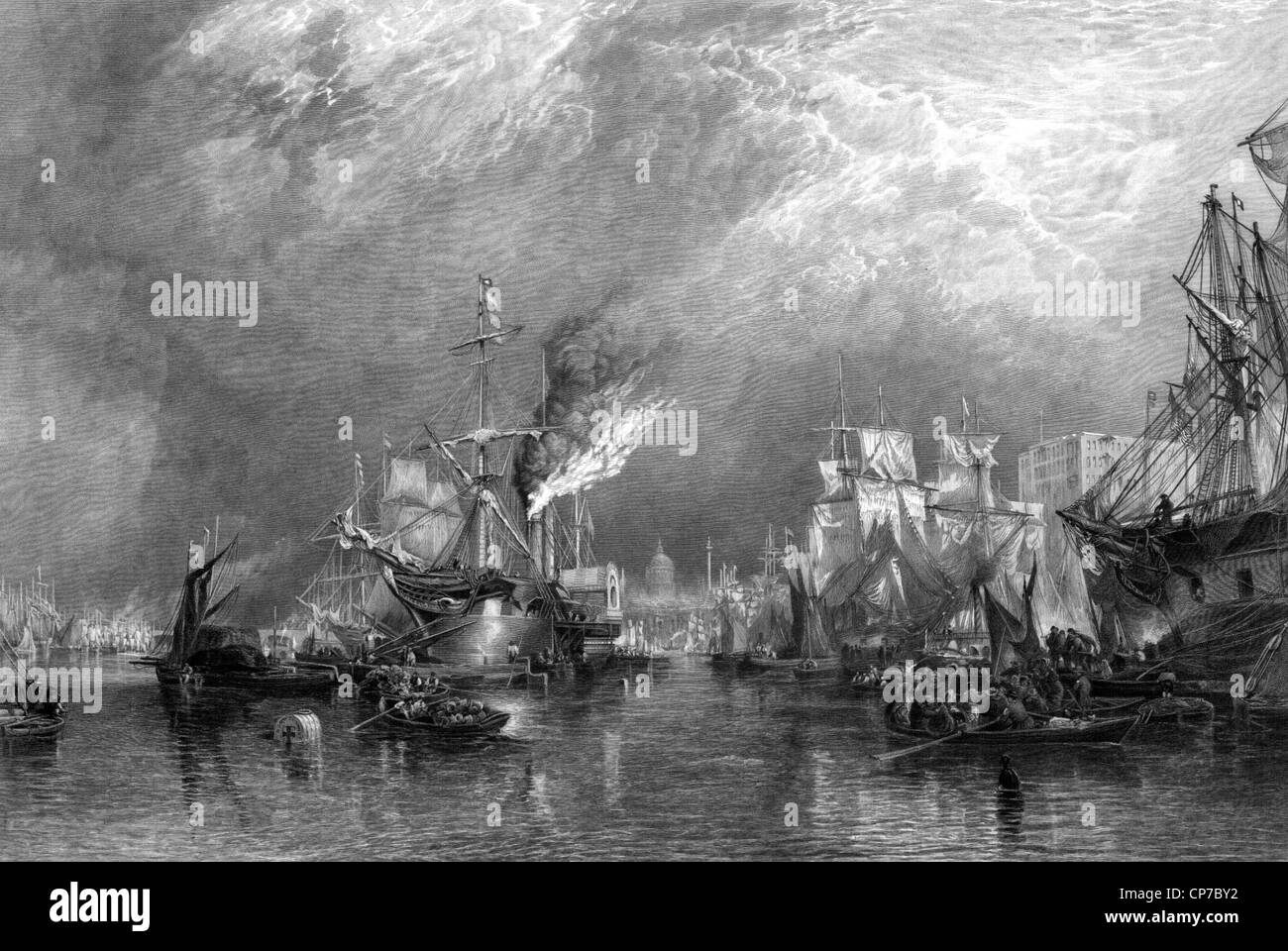 Navi sul fiume Tamigi nel porto di Londra, Inghilterra. Incisi da William Miller nel 1865. Dominio pubblico immagine in virtù dell'età. Foto Stock