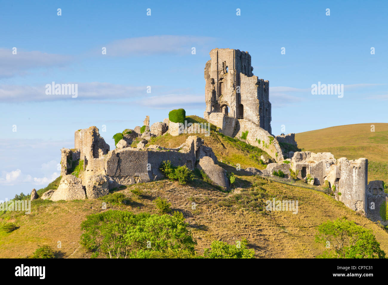 Corfe Castle sulla sua collina sopra la bellissima campagna di Dorset, su di un bel pomeriggio di estate. Foto Stock