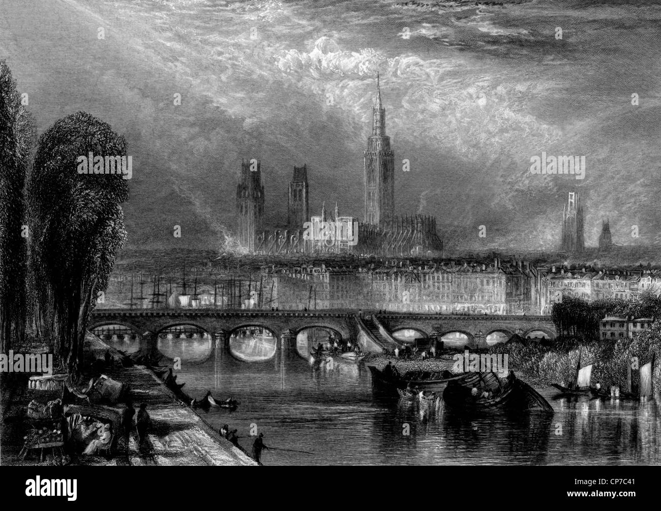 Vista panoramica della città di Rouen e cattedrale con Senna in primo piano, Normandia, Francia. Foto Stock