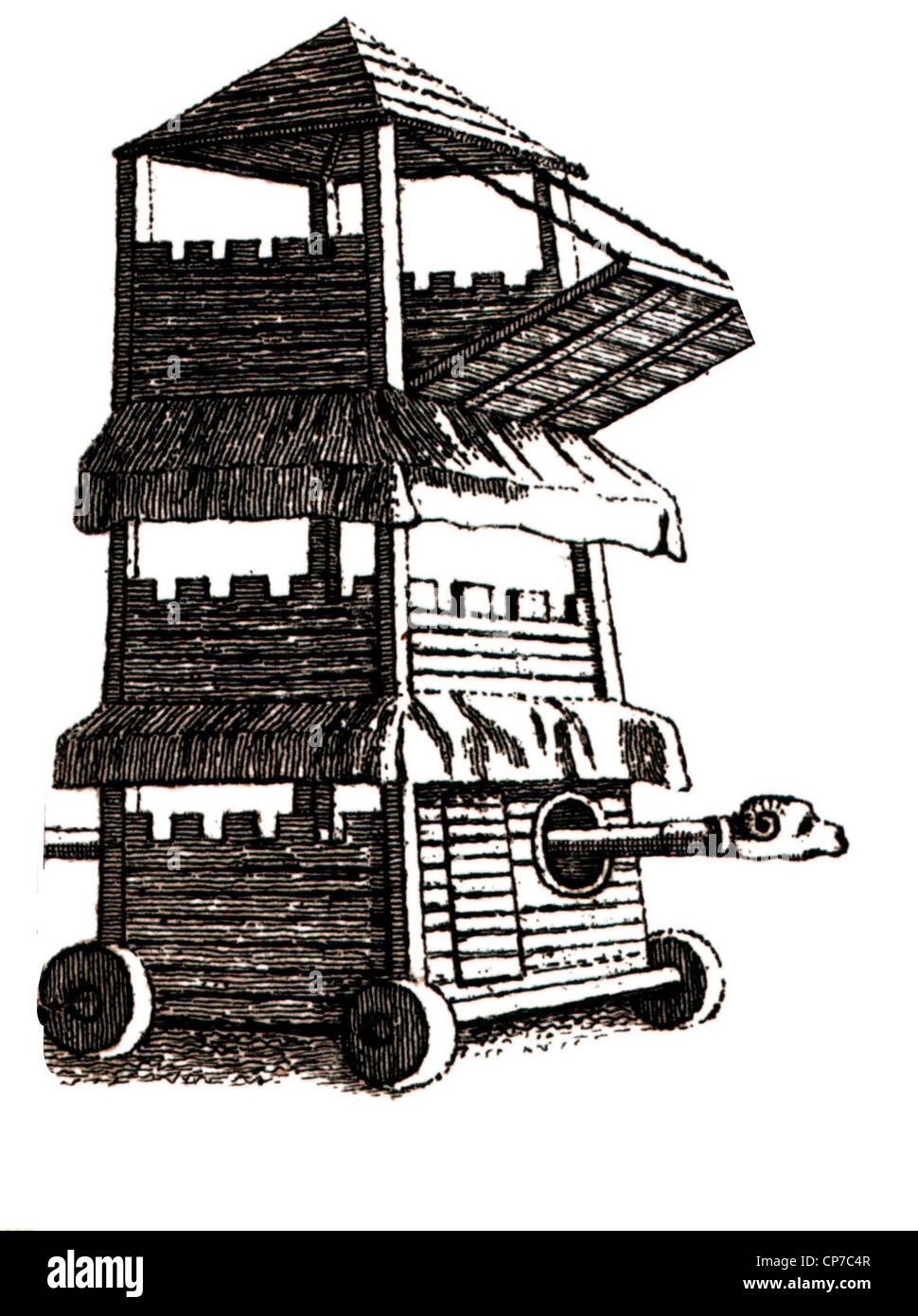 Assedio medievale torre o motore con ponte e Ariete. Foto Stock