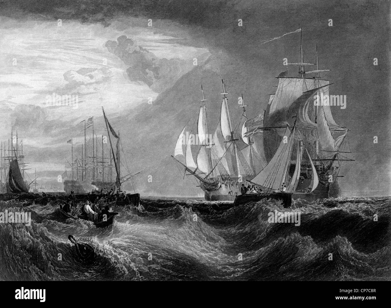 Illustrazione della British flotta navale a Spithead annuale Royal Revisione. Incisi da William Miller nel 1875. Foto Stock