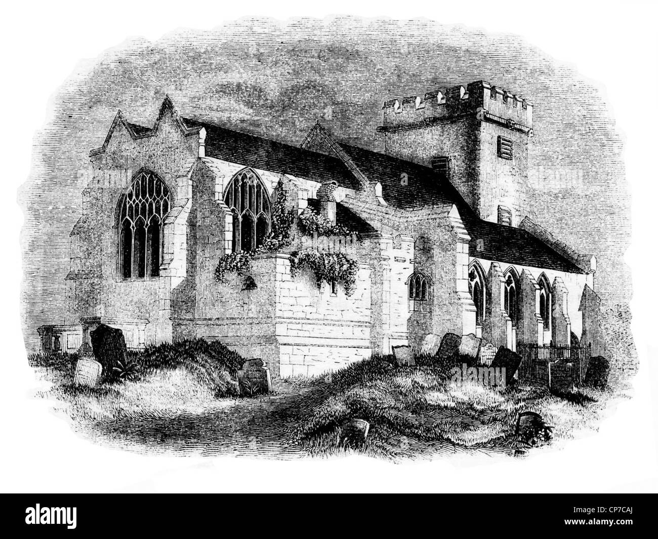 Esterno della pietra vecchia chiesa inglese con le lapidi in primo piano. Foto Stock