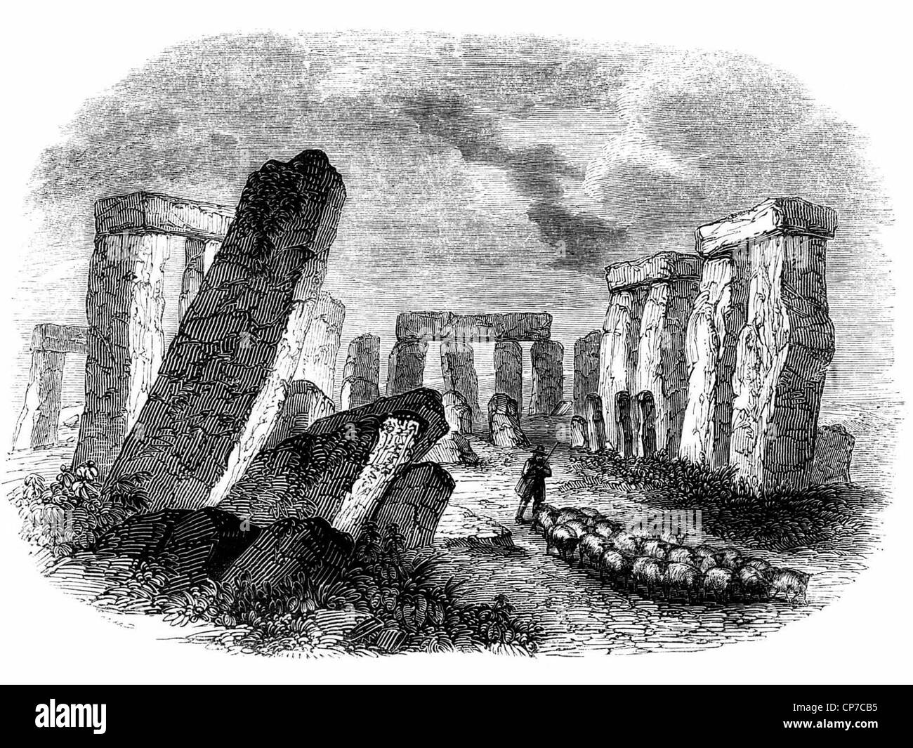 Vintage incisione di Stonehenge con sfondo bianco. Foto Stock