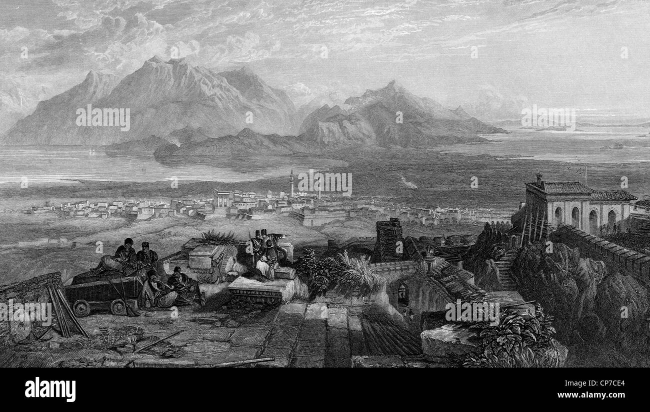 Incisione di città e Istmo di Corinto, Grecia. Incisi da William Miller e pubblicato nella Bibbia Imperiale 1866 Dizionario Foto Stock