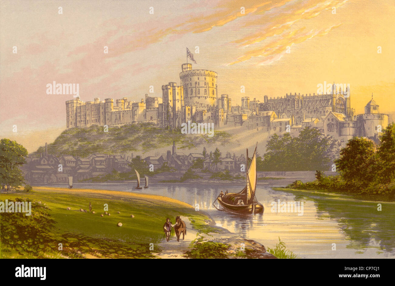La pittura ad acquerello del Castello di Windsor con il fiume Tamigi in primo piano, Berkshire, Inghilterra. Foto Stock
